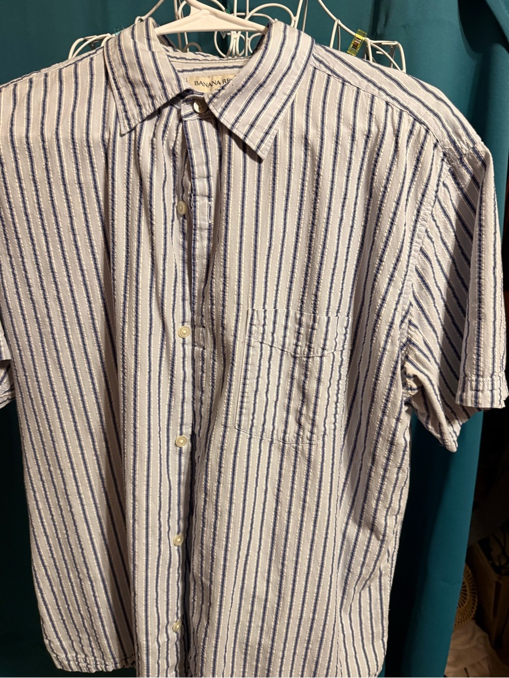 Banana Republic White and Blue Striped Short-Sleeve Button-Down Shirt